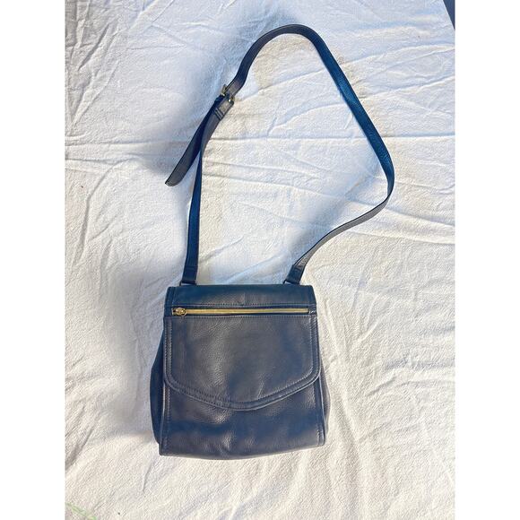 Fossil Navy Genuine Leather Crossbody Shoulder Bag with Front Zip Pocket - Picture 1 of 8
